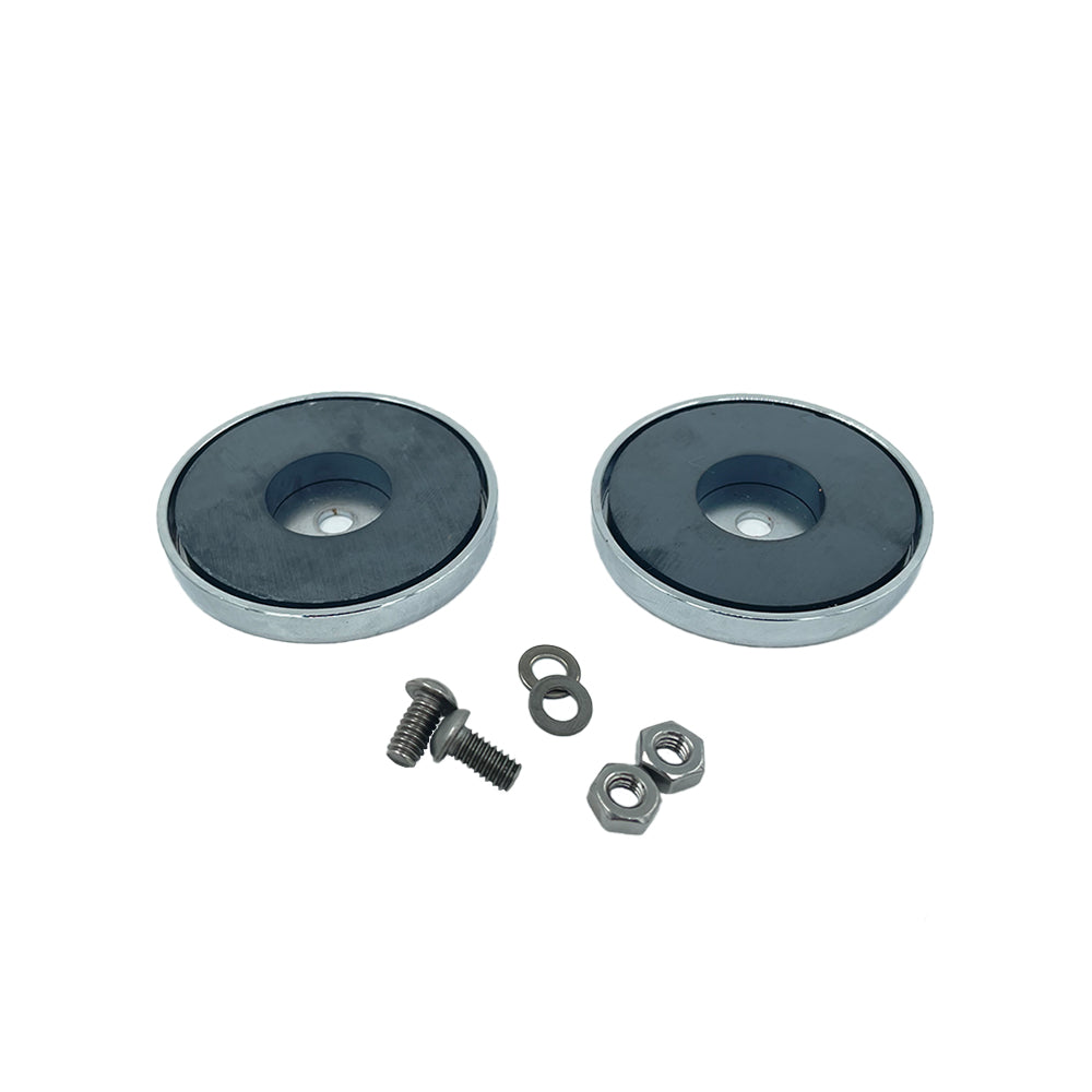 two circular magnets with two screws, two washers, and two nuts displayed on a white background