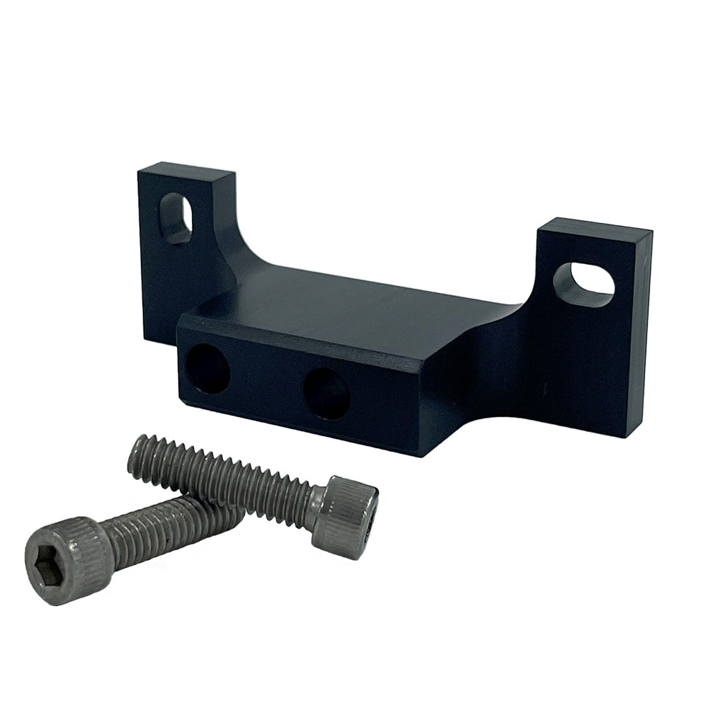 A black direct mounting bracket made of aluminum, including two mounting bolts