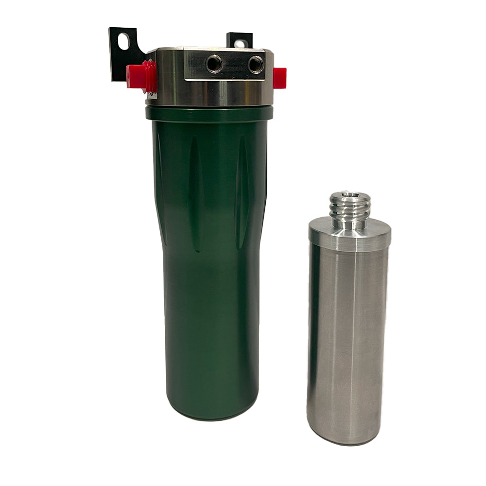 Green cylindrical filter and silver metallic component on a white background
