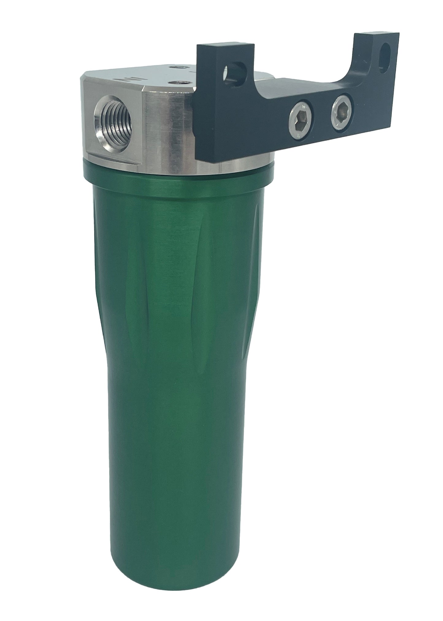Green anodized gas purifier housing with a black direct mounting bracket attached
