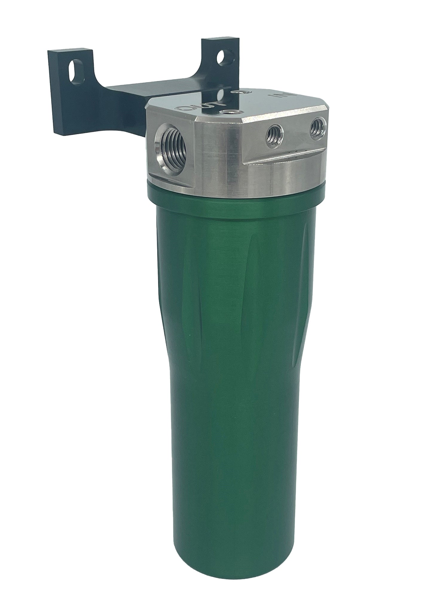 Green anodized gas purifier housing with a black direct mounting bracket attached