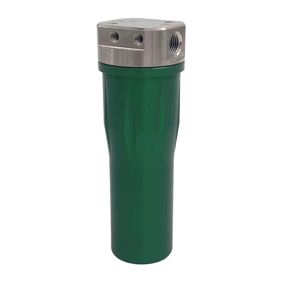 Green anodized aluminum gas purifier housing with nickel plating on top and an o-ring seal.
