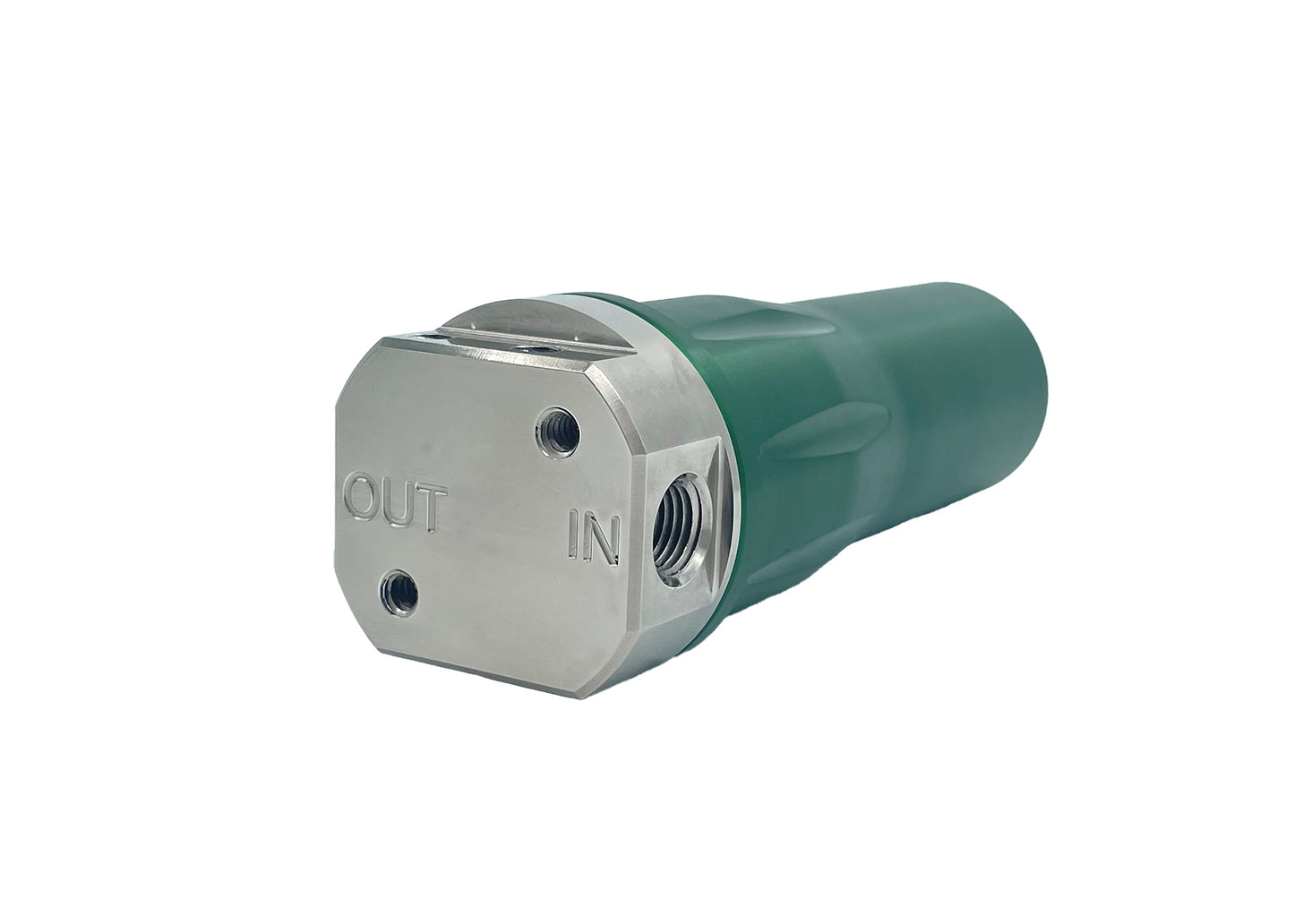 Green anodized aluminum gas purifier housing with nickel plating on top laying on its side