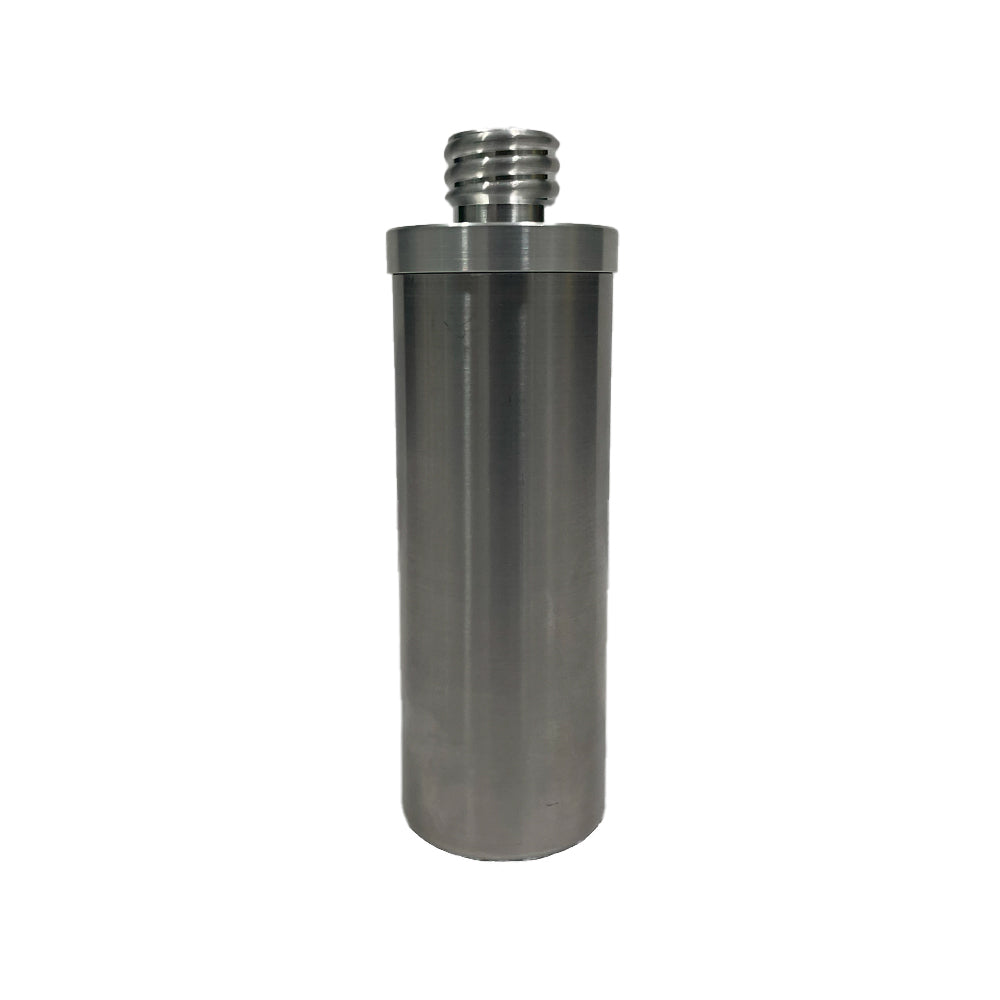 Metallic cylindrical object with threaded end on a white background