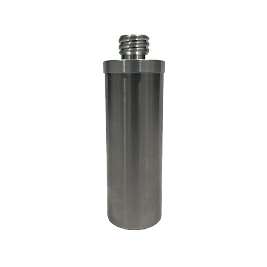 Metallic cylindrical object with threaded end on a white background
