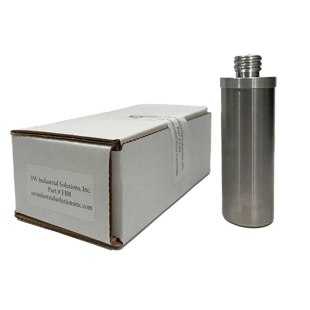 Stainless steel cylindrical component next to its packaging box on a white background