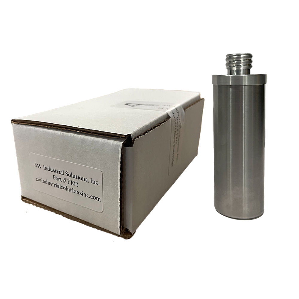 Stainless steel cylindrical component next to its packaging box on a white background