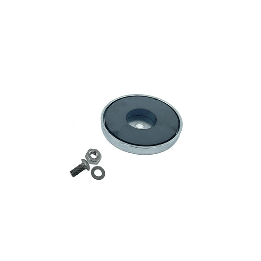 circular magnet with a screw, washer, and nut displayed on a white background