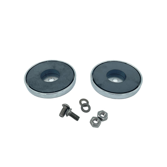 two circular magnets with two screws, two washers, and two nuts displayed on a white background