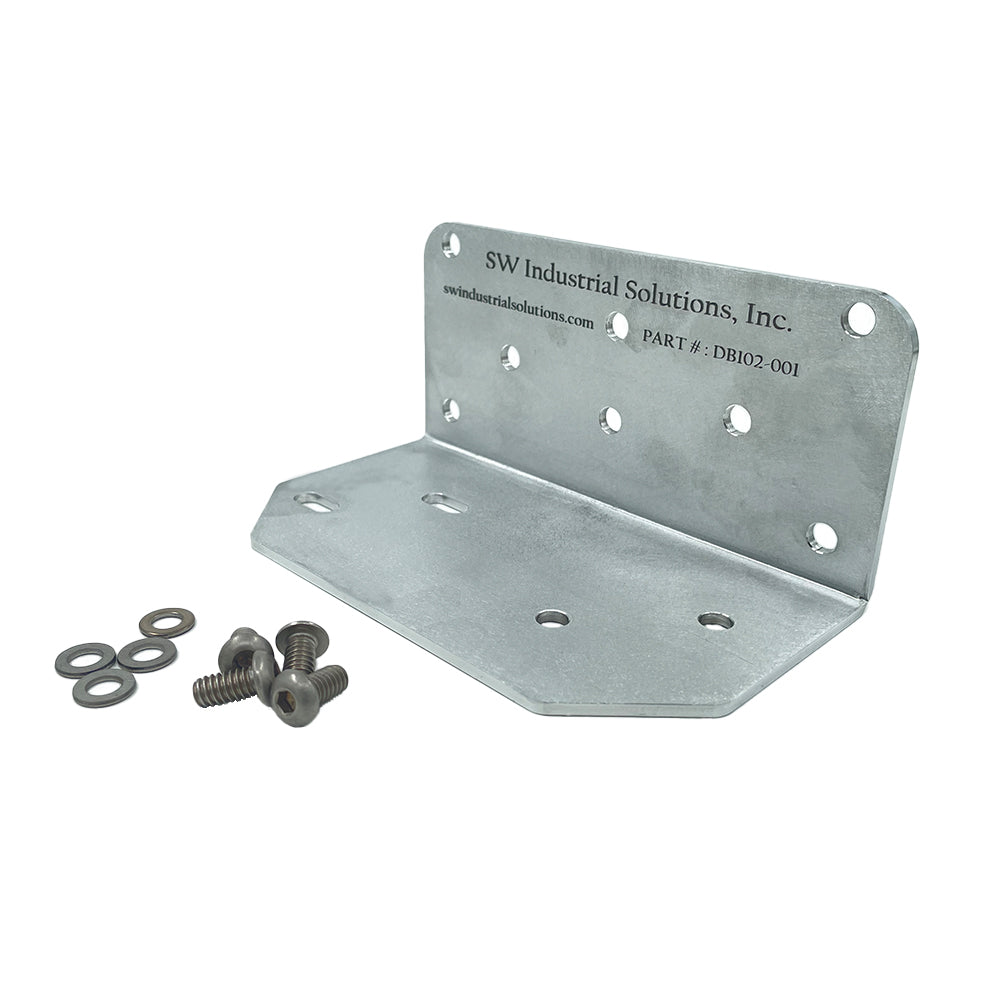 Metal bracket with screws and washers on a white background