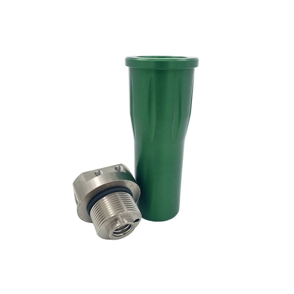 Green aluminum housing and a silver threaded connector with black rubber ring on a white background