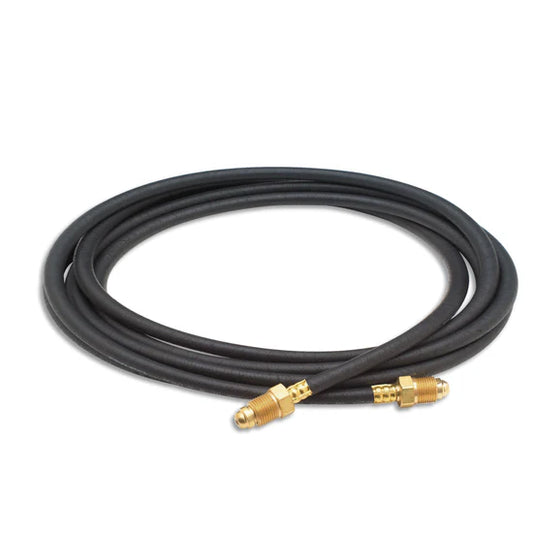 black hose with bronze attachments displayed on a white background